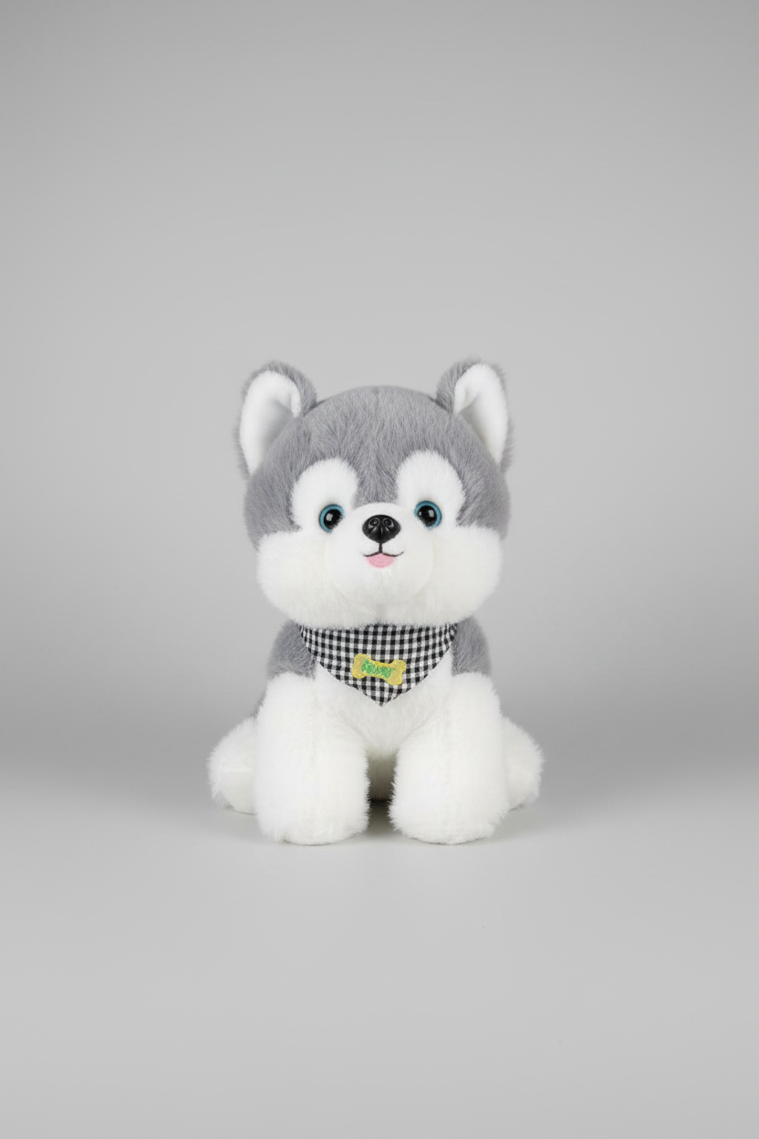 Husky Puppy Plush Toy 30cm – Realistic Grey and White Stuffed Dog with Checkered Bandana
