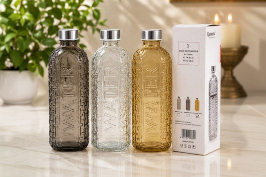 Kaerua Embossed Glass Water Bottle – 3 Colors | Steel Cap
