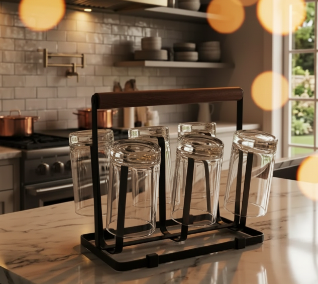 6-Glass Holder Stand with Metal Rack & Wooden Handle