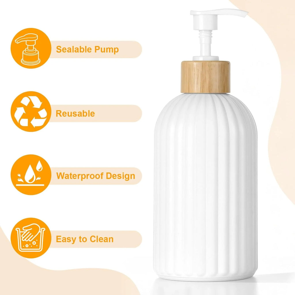 Ribbed Bamboo Pump Soap Dispenser – Black & White | Sealable Pump | 500ml | Shampoo, Body Wash & Hand Soap