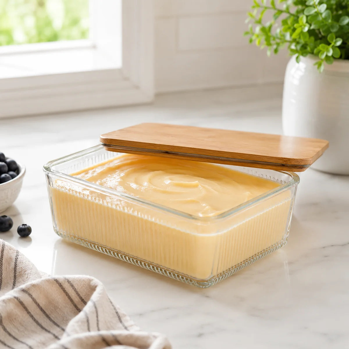 Ribbed Glass Storage Dish with Wooden Lid