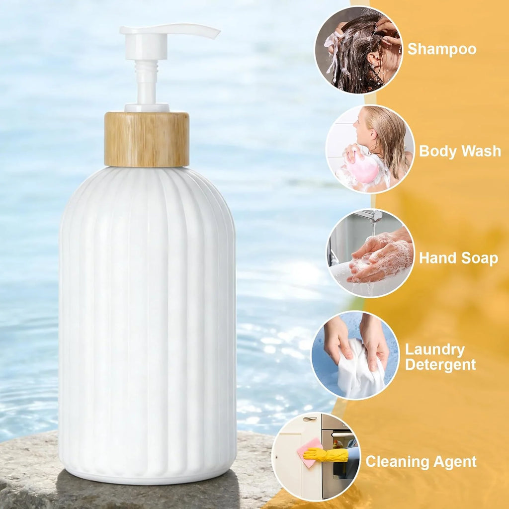 Ribbed Bamboo Pump Soap Dispenser – Black & White | Sealable Pump | 500ml | Shampoo, Body Wash & Hand Soap