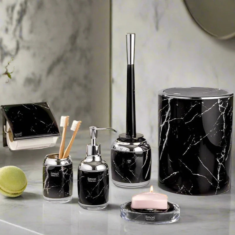 Marble Bathroom Accessories Set – 6 Pieces with Chrome Accents