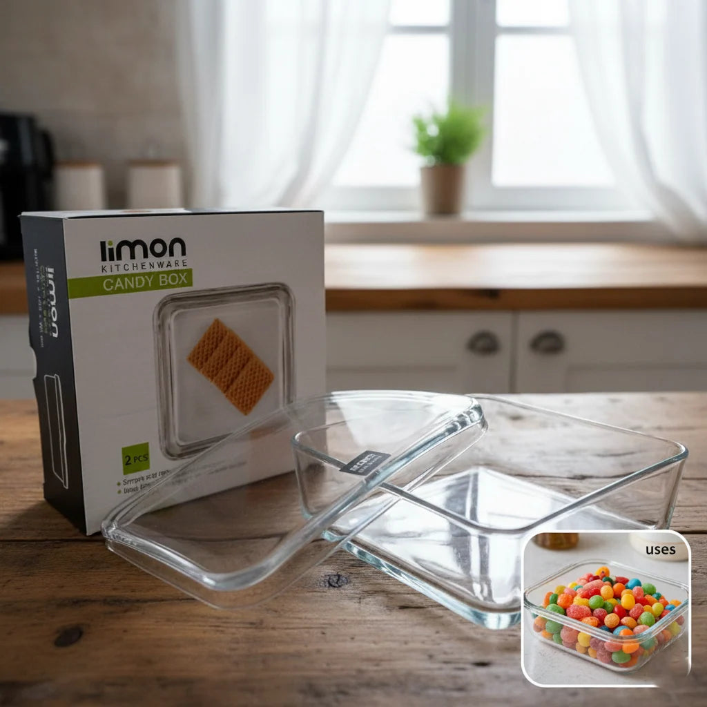 Square Glass Candy Box with Lid – Set of 2