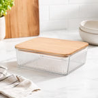 Ribbed Glass Storage Dish with Wooden Lid