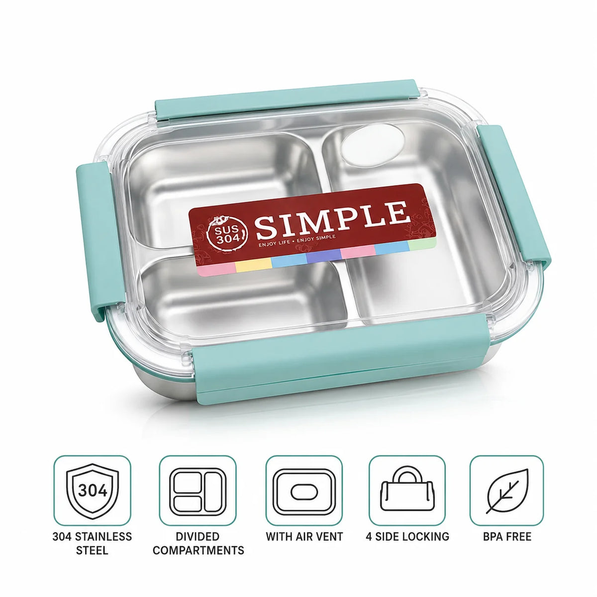 Simple SUS304 Stainless Steel Lunch Box – 1000ml | 4 Compartments | Air Vent | Dishwasher & Freezer Safe