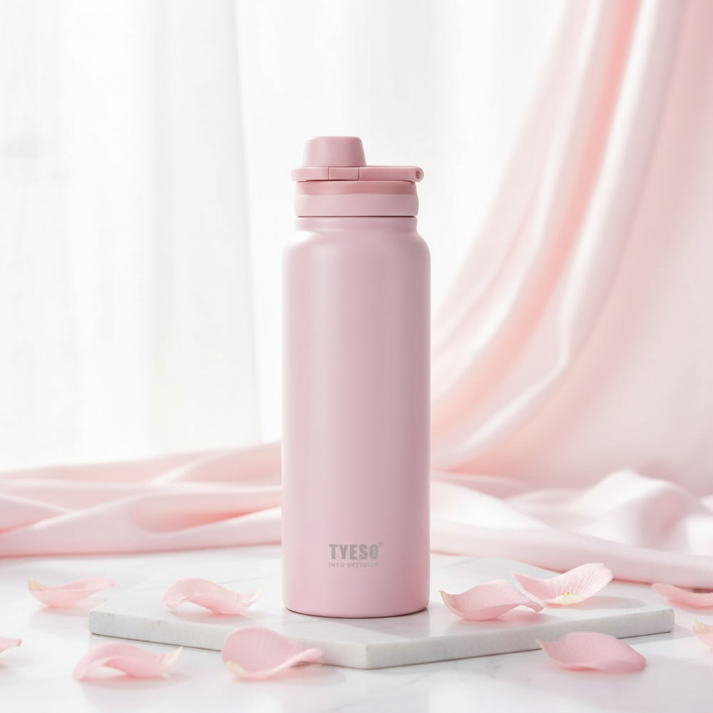 TYESO Insulated Sports Water Bottle Pink with flowers lifestyle