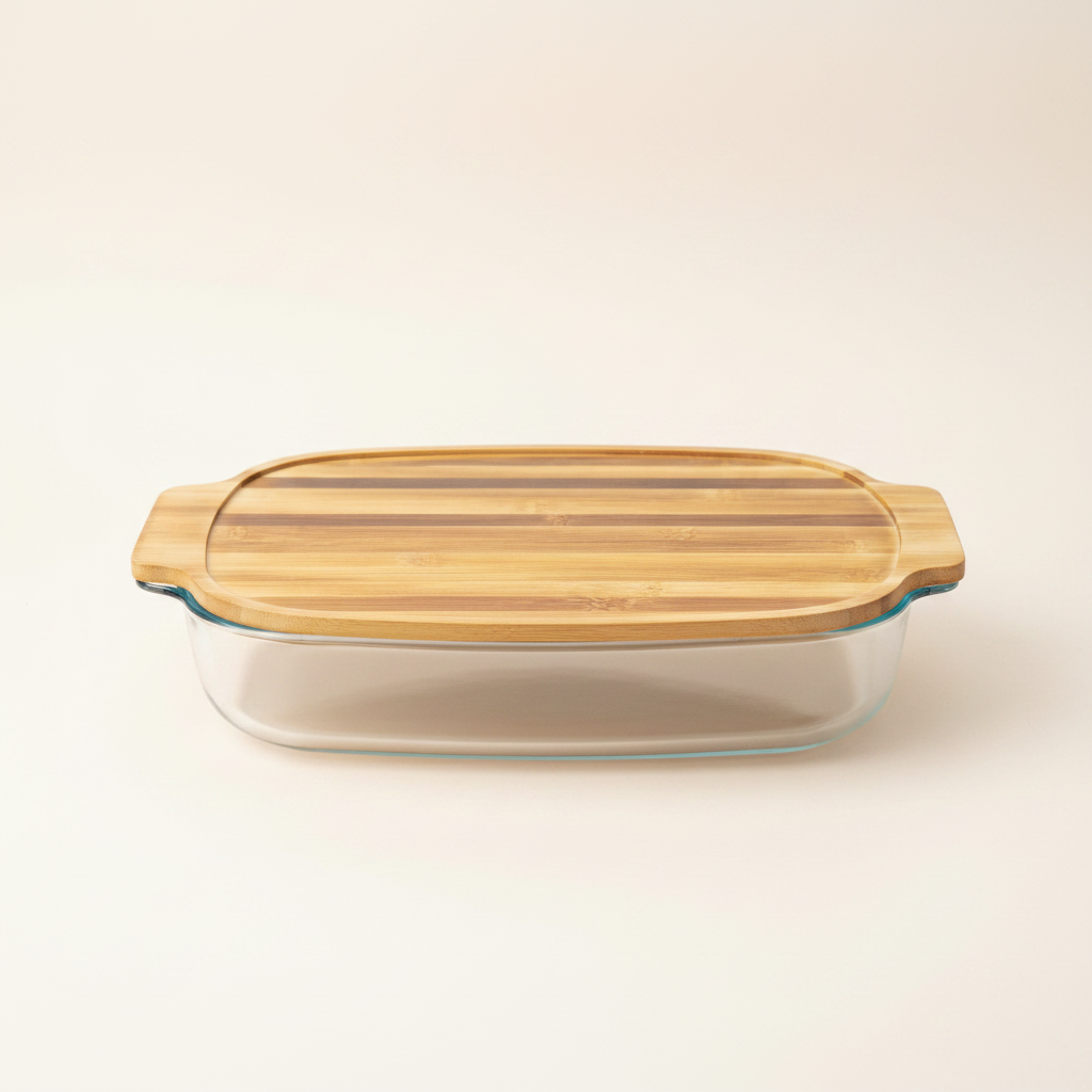 Single Glass Casserole Dish with Striped Bamboo Lid