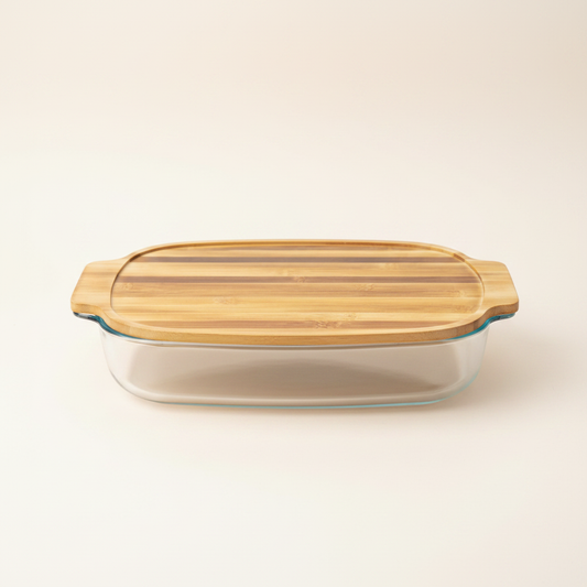 Single Glass Casserole Dish with Striped Bamboo Lid