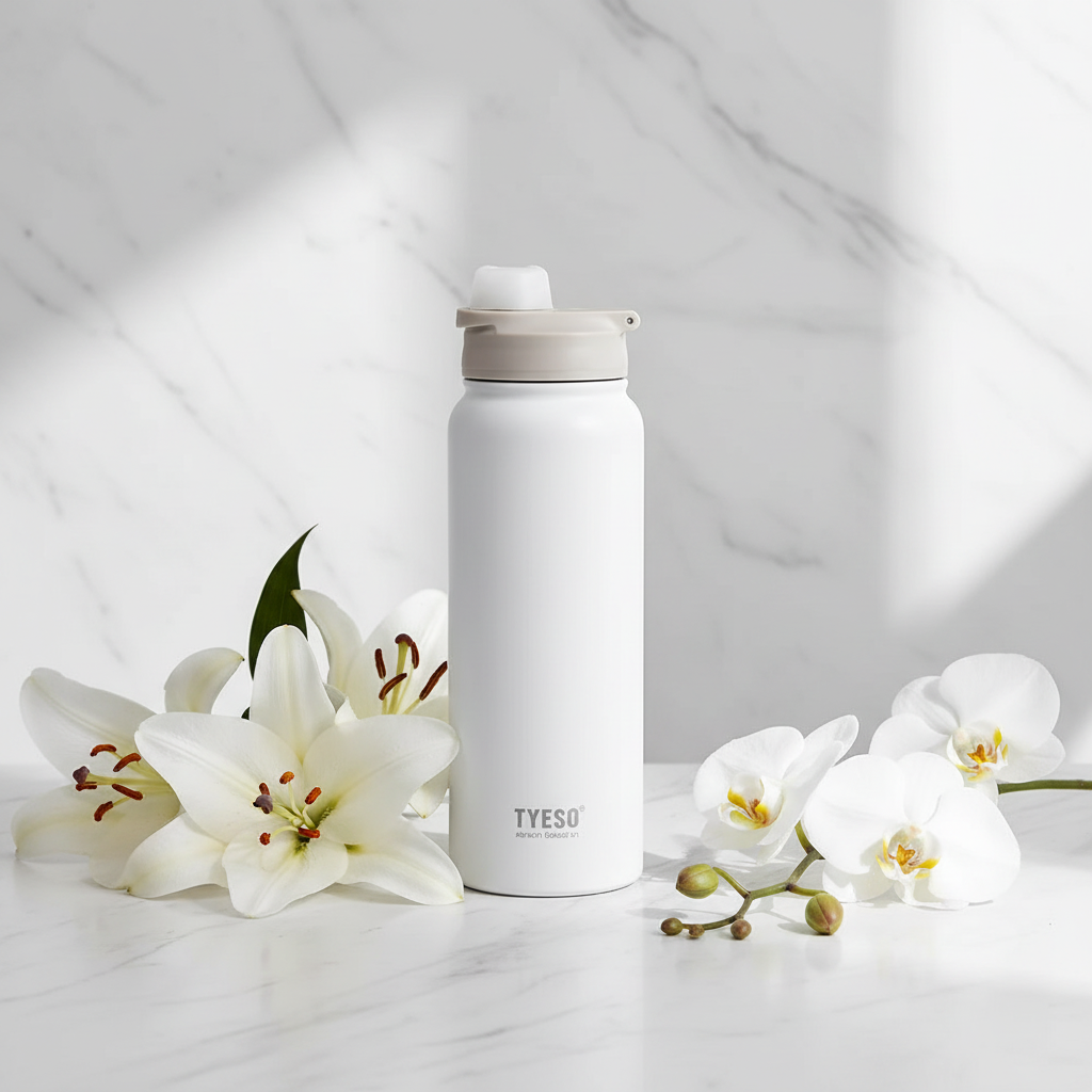 TYESO Insulated Sports Water Bottle White with white lily flowers lifestyle