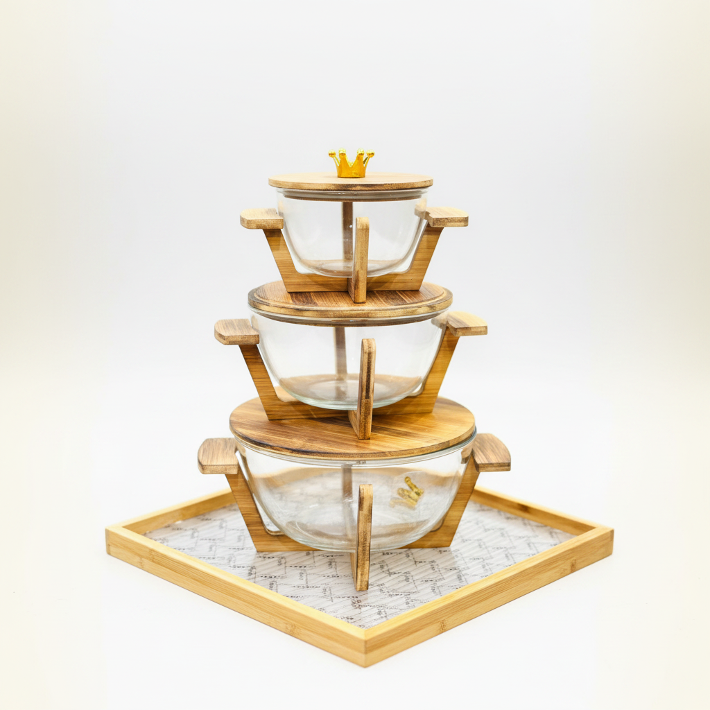 3-Piece Glass Bowl Set with Bamboo Lid and Stand