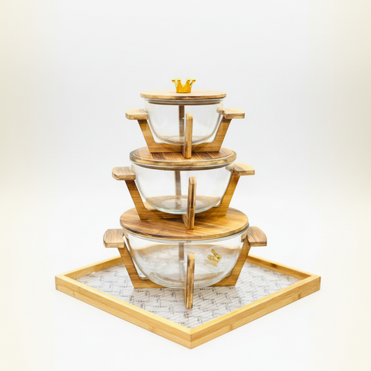 3-Piece Glass Bowl Set with Bamboo Lid and Stand