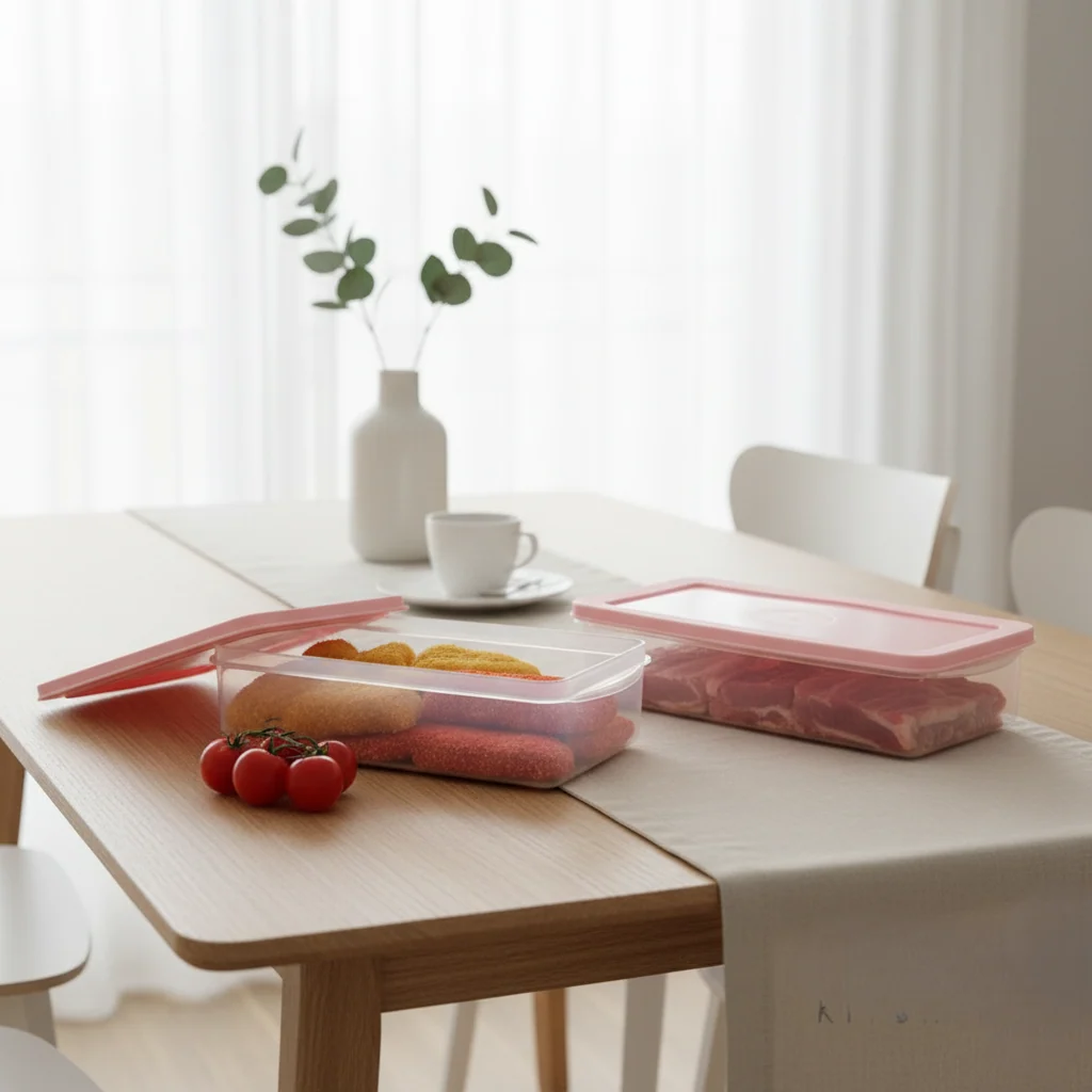 Freeze Box pink containers open on dining table