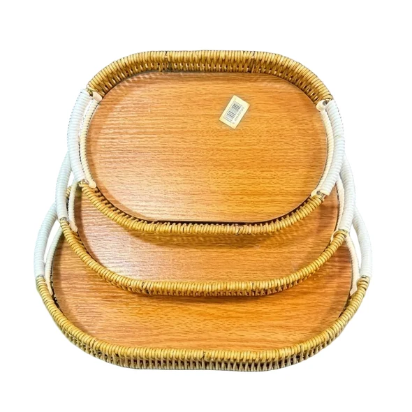 Oval Wooden Serving Tray Set with Rattan Edges Set of 2