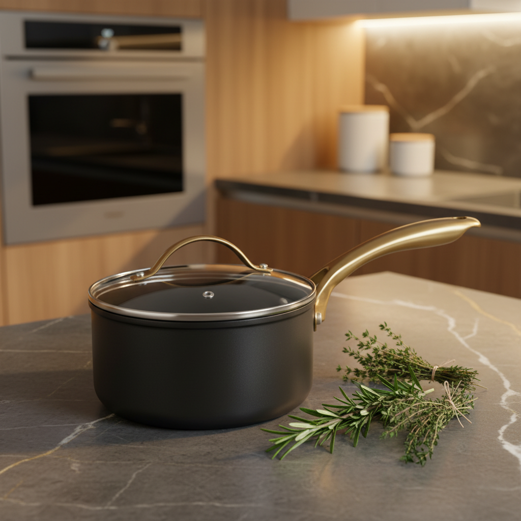 Premium Matte Black Saucepan Gold Handle kitchen lifestyle