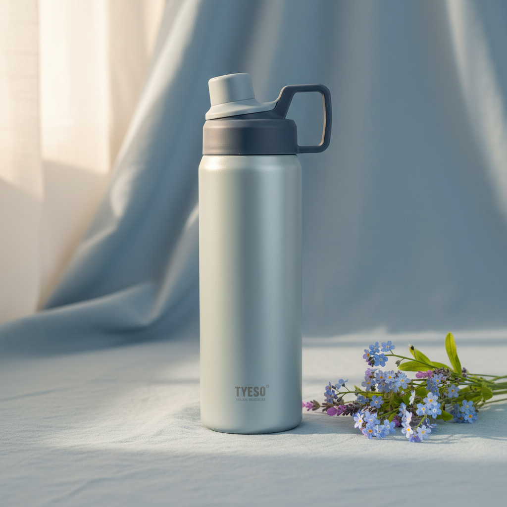 YESO Insulated Sports Water Bottle Steel Blue with blue flowers lifestyle