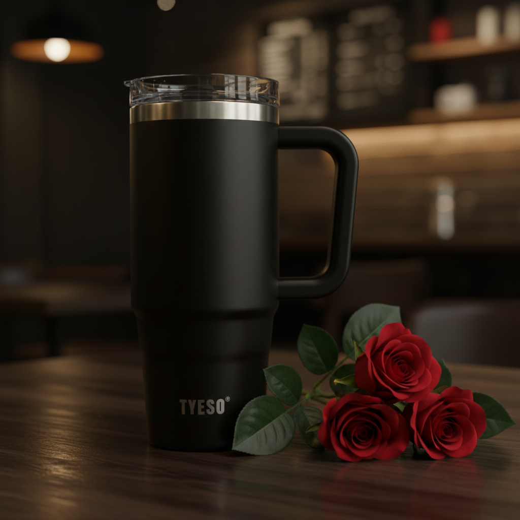 TYESO Insulated Travel Tumbler Mug Matte Black with red roses lifestyle