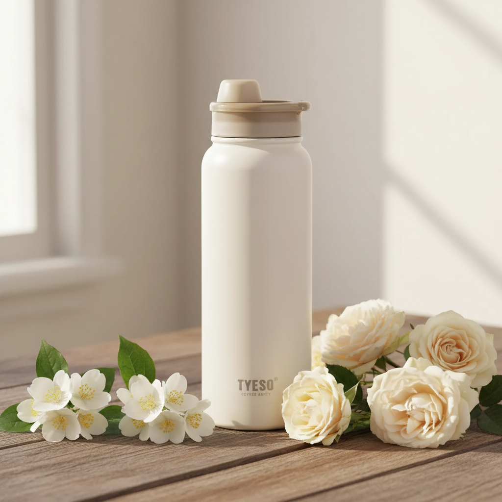 TYESO Insulated Sports Water Bottle Cream White with white flowers lifestyle