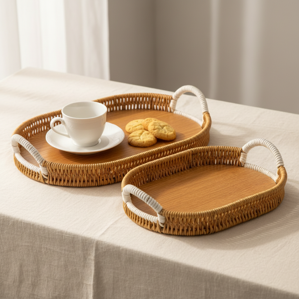 Oval Wooden Serving Tray with tea cup lifestyle
