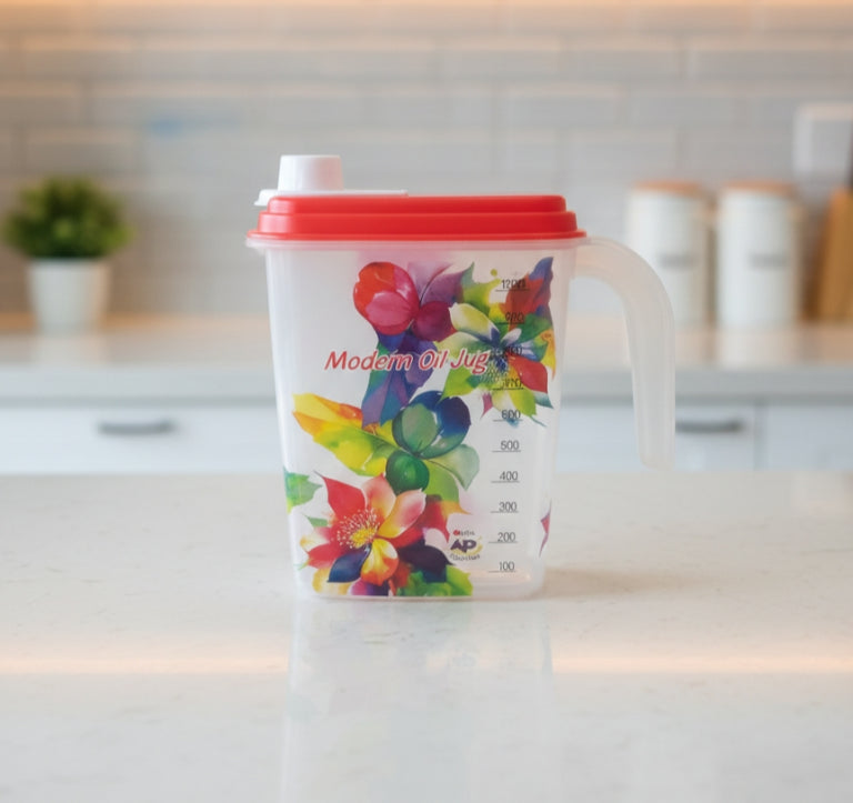 Modern Oil Jug 1000ml with Pour Spout Lid – 4 Floral Designs