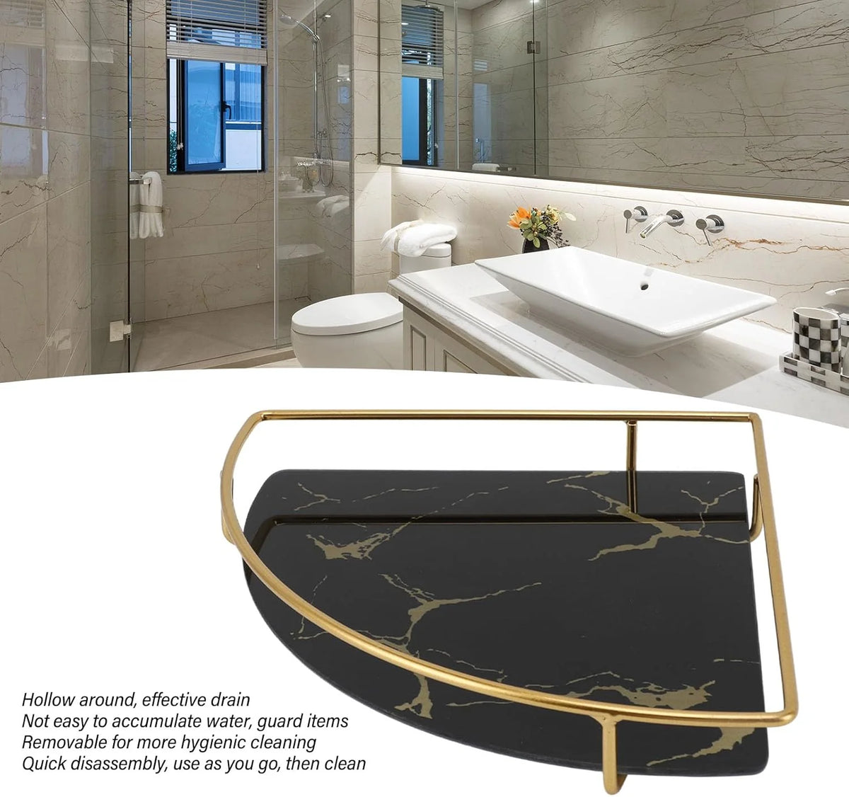 Marble & Gold Half-Moon Bathroom Vanity Tray – White & Black | Removable Gold Frame | Drain Design