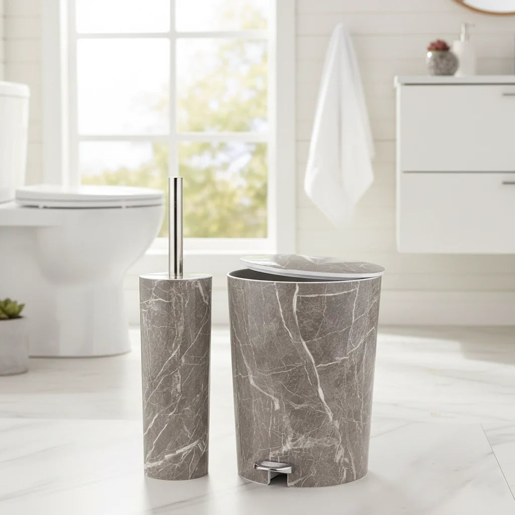 Limon Marble Pedal Trash Can & Toilet Brush Set – 2 Pieces
