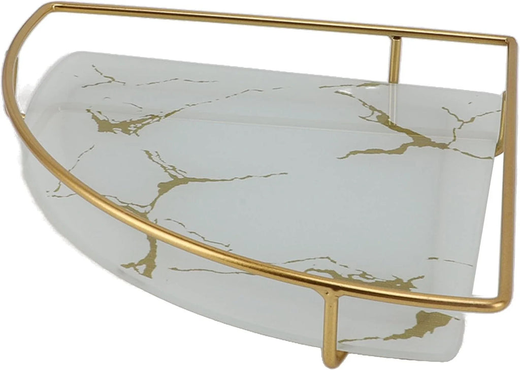 Marble & Gold Half-Moon Bathroom Vanity Tray – White & Black | Removable Gold Frame | Drain Design