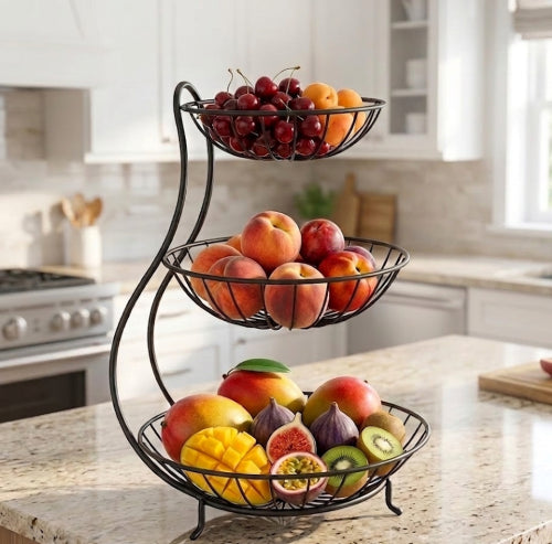 3-Tier Metal Wire Fruit Basket Stand – Matte Black | S-Curve Design