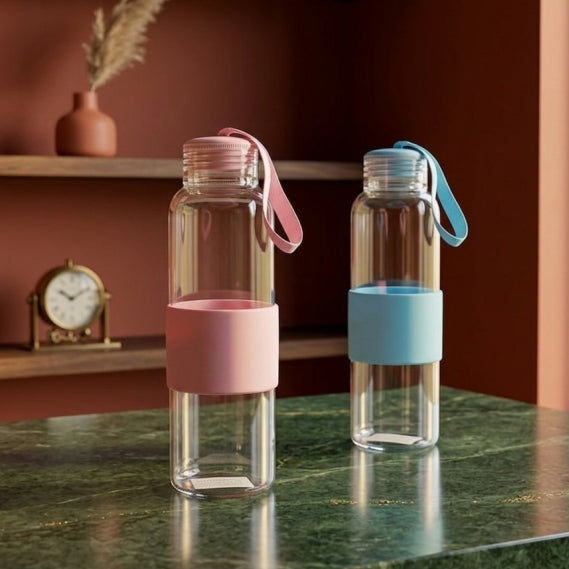 Clear Glass Bottle with Silicone Grip Band & Loop Strap – Pink & Blue