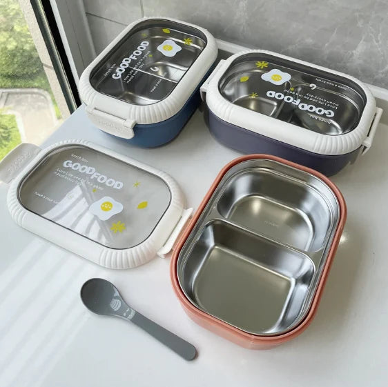Good Food Stainless Steel Lunch Box with Transparent Lid & Spoon – 2 Compartments | 4 Colours