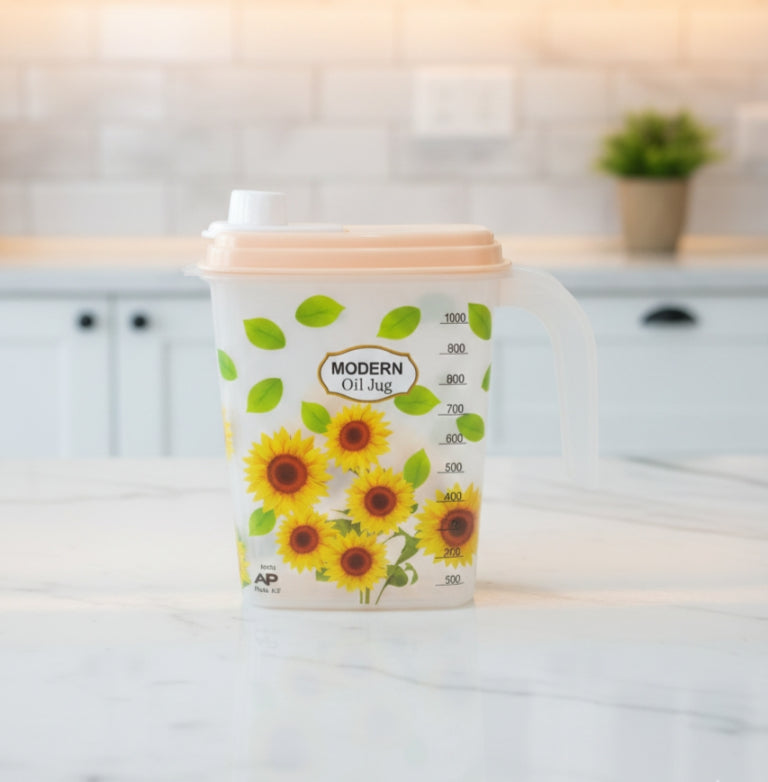 Modern Oil Jug 1000ml with Pour Spout Lid – 4 Floral Designs