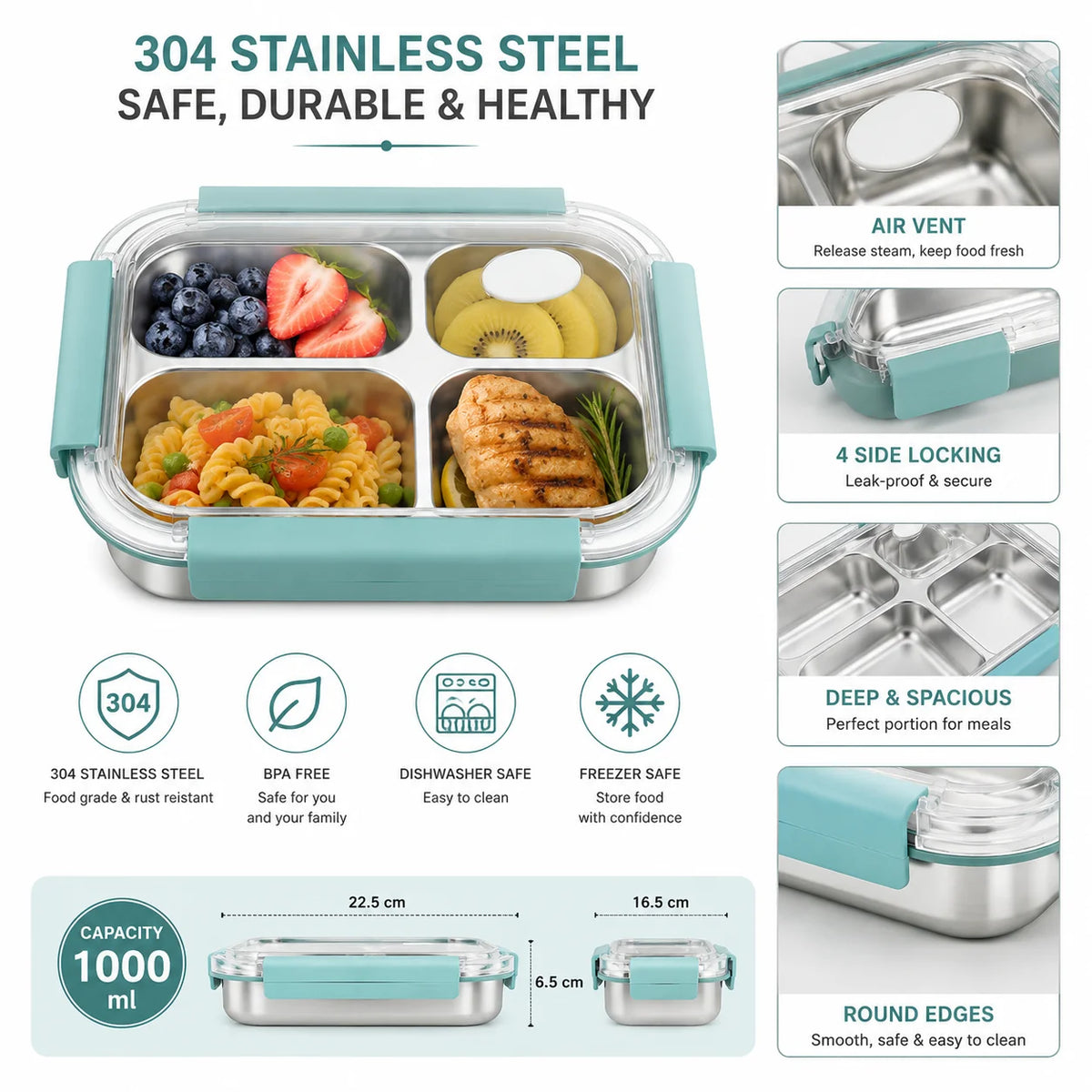 Simple SUS304 Stainless Steel Lunch Box – 1000ml | 4 Compartments | Air Vent | Dishwasher & Freezer Safe