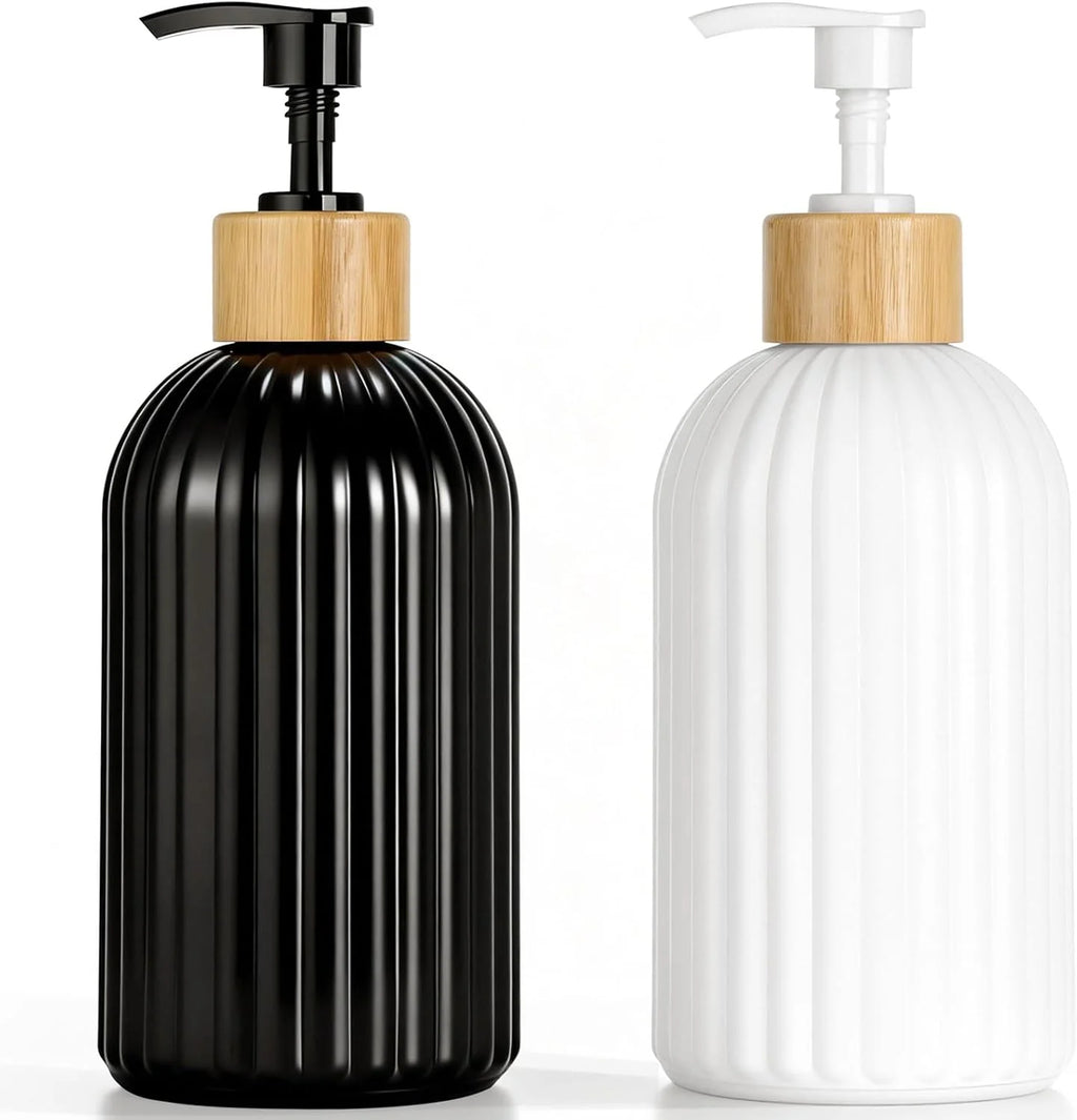 Ribbed Bamboo Pump Soap Dispenser – Black & White | Sealable Pump | 500ml | Shampoo, Body Wash & Hand Soap